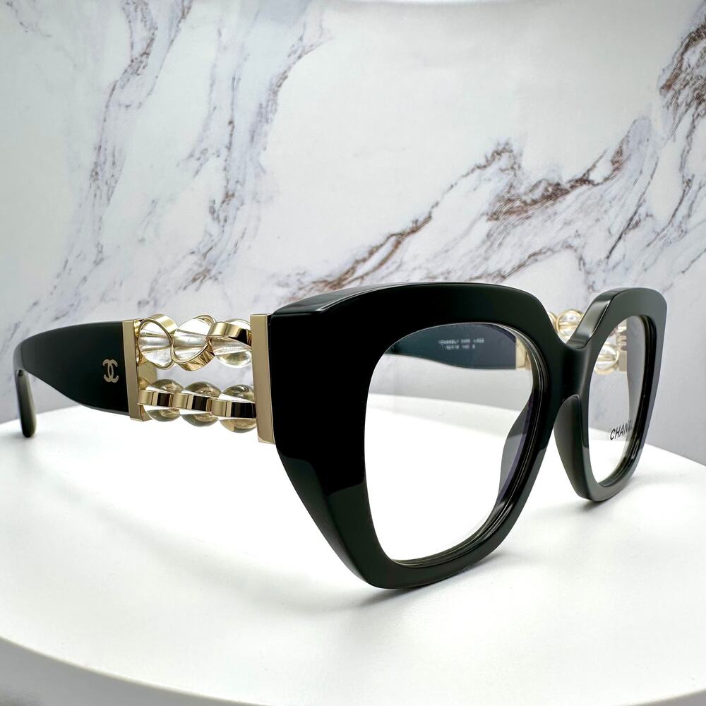 New CHANEL Eyeglasses Black Gold Cat Eye Clear Rotating Pearls 52mm - Picture 14 of 15